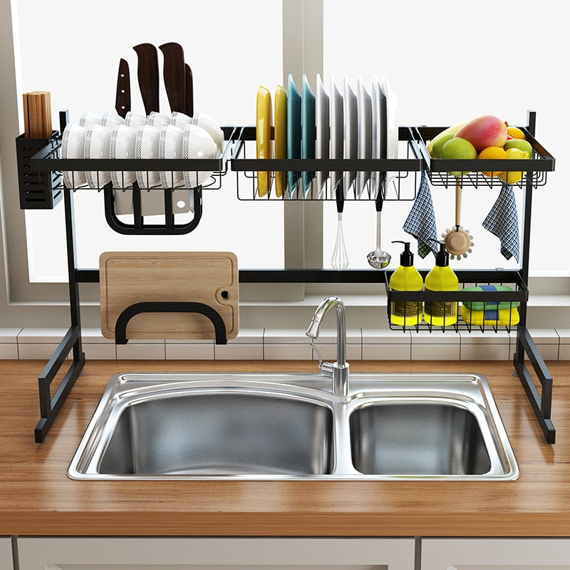 Stainless steel 65 / 85cm black U-shaped kitchen dish rack holder storage