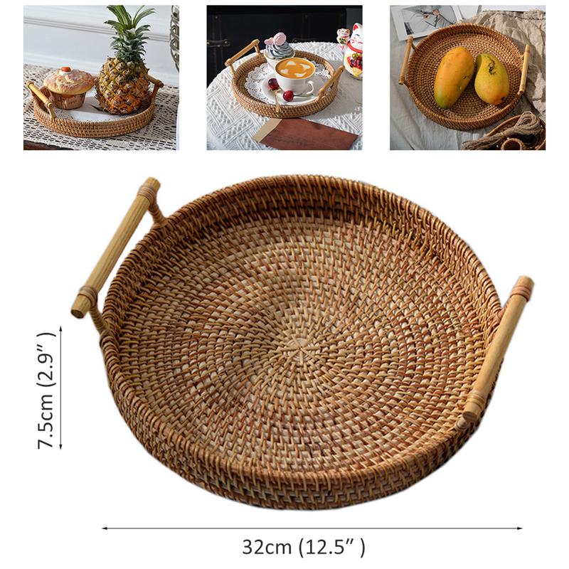 Rattan Handwoven Round High Wall Severing Tray Food Storage Platters Plate Over Handles For Breakfast Drink Snack For Coffee Tea