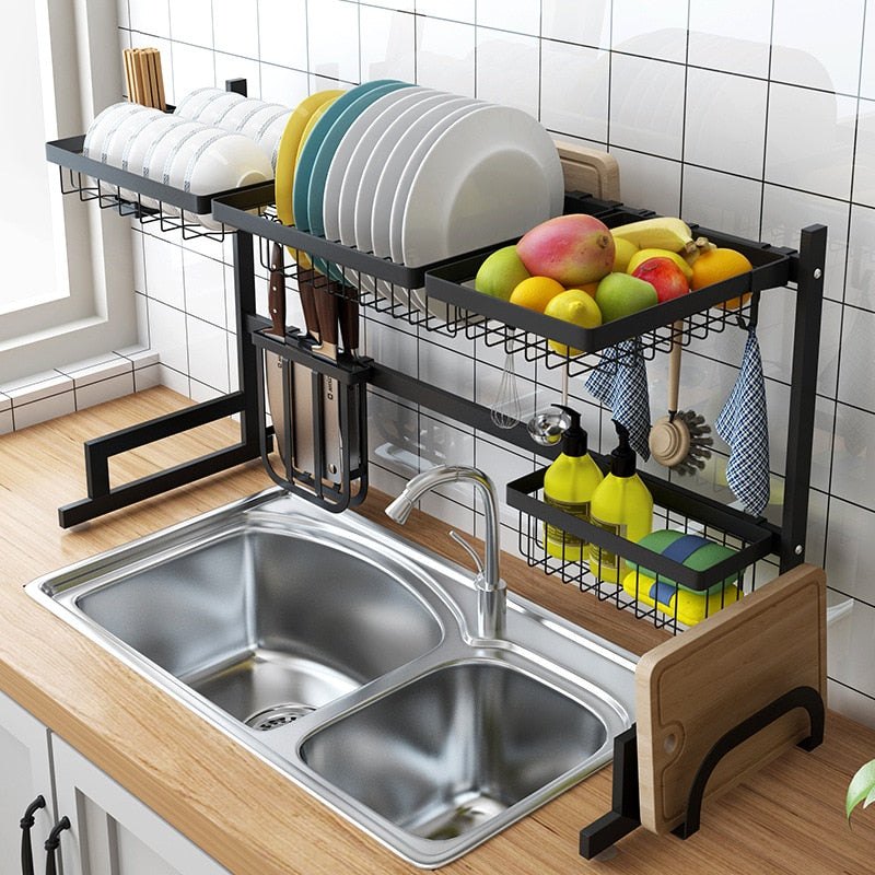 Stainless steel 65 / 85cm black U-shaped kitchen dish rack holder storage