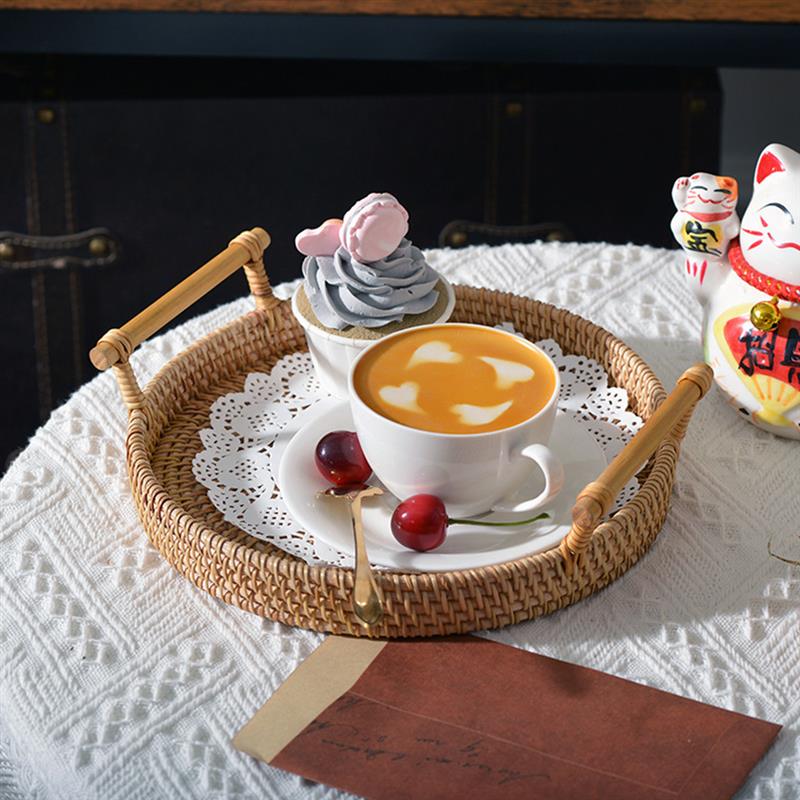 Rattan Handwoven Round High Wall Severing Tray Food Storage Platters Plate Over Handles For Breakfast Drink Snack For Coffee Tea