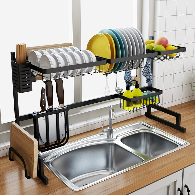 Stainless steel 65 / 85cm black U-shaped kitchen dish rack holder storage